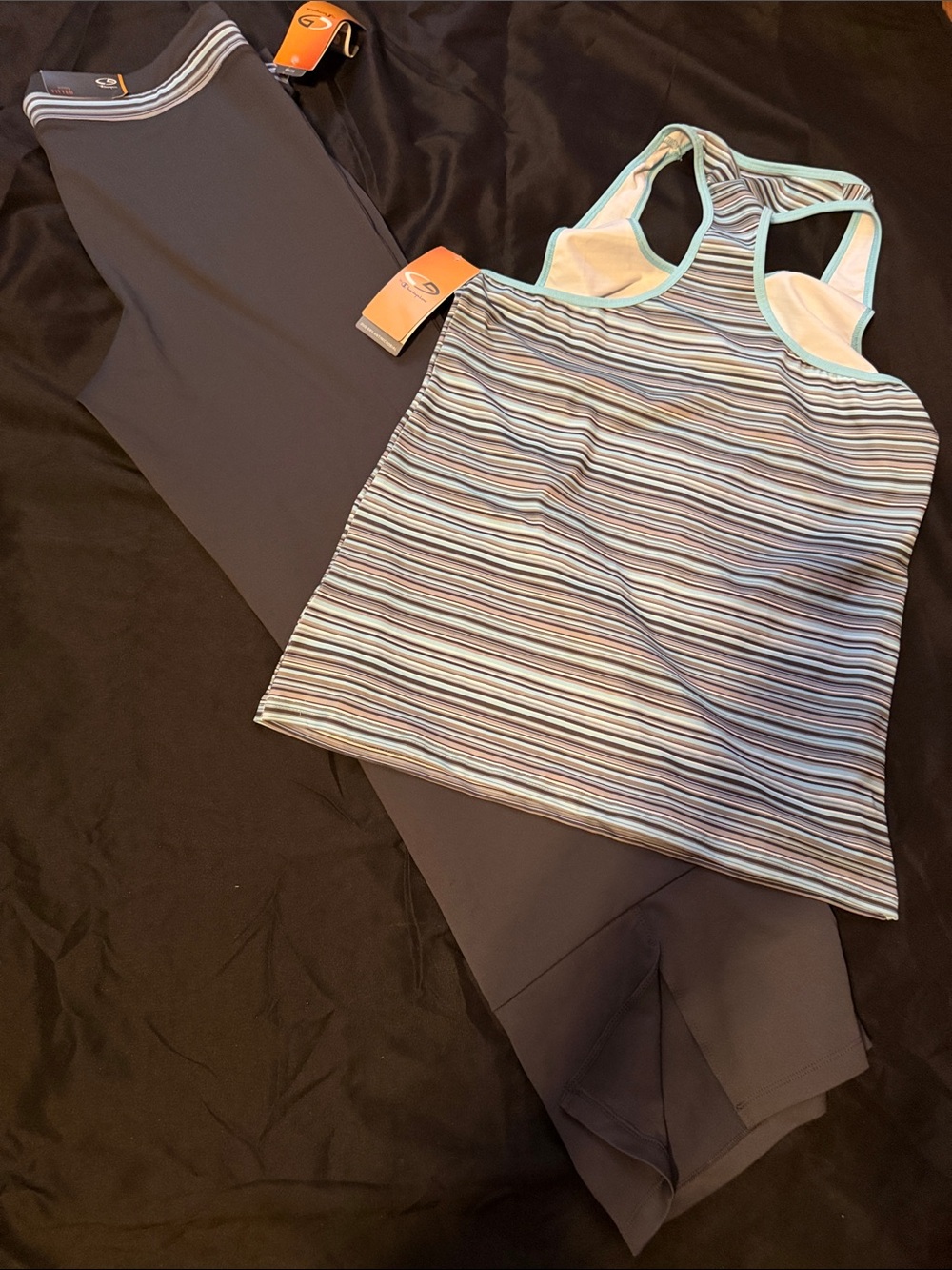 Champion Grey Leggings with Light Blue, Slate and Gray Striped Razorback Tank